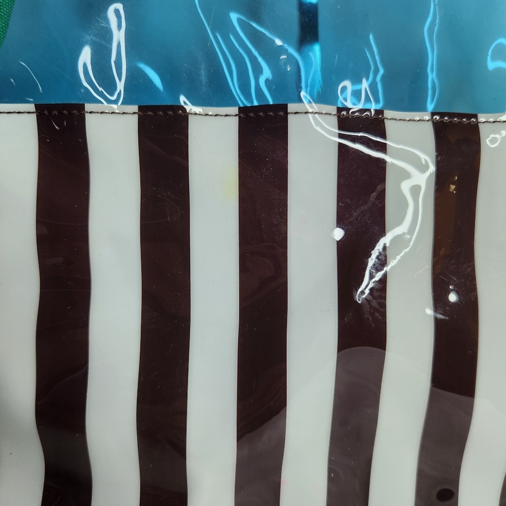 Henri Bendel Tote Bag PVC Canvas Blue Brown White Stripe Green Trim - Picture 4 of 10